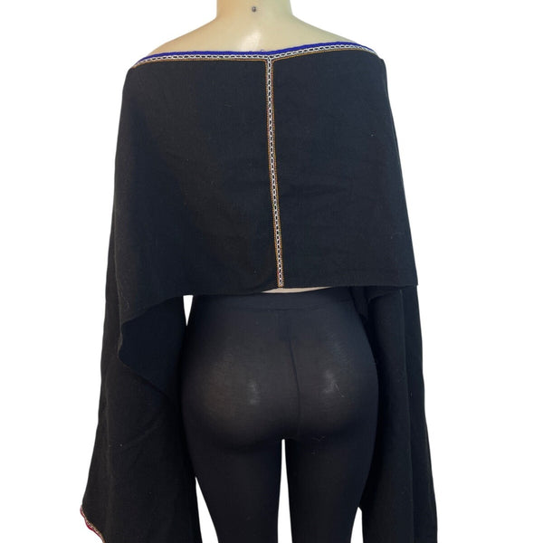 Black Boho Off-Shoulder Crop Top With Bell Sleeves & Embroidered Trim