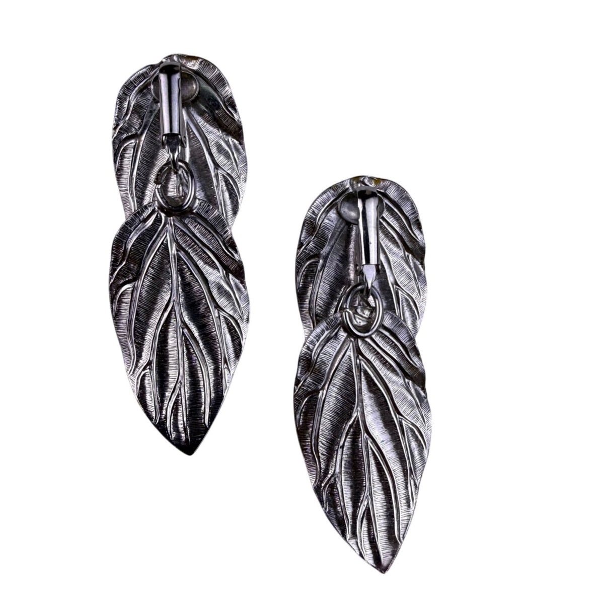 Vintage Silver Tone Womens Leaf Clip-On Earrings Double Leaf Design