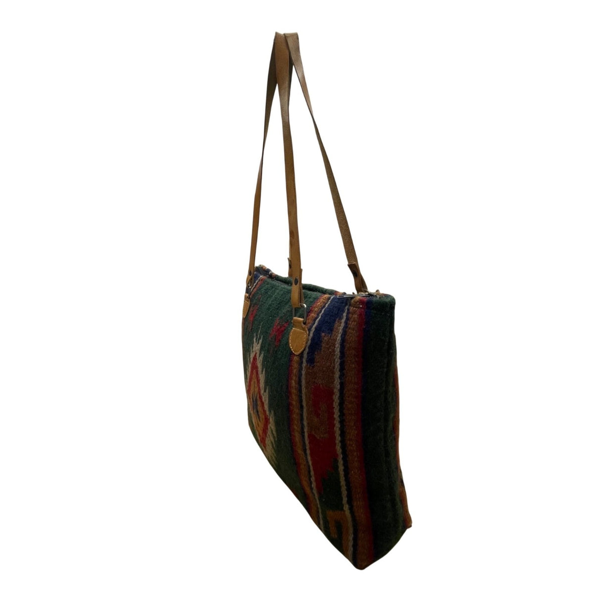 Handcrafted Women’s Green Woven Southwestern Boho With Leather Straps Tote Bag
