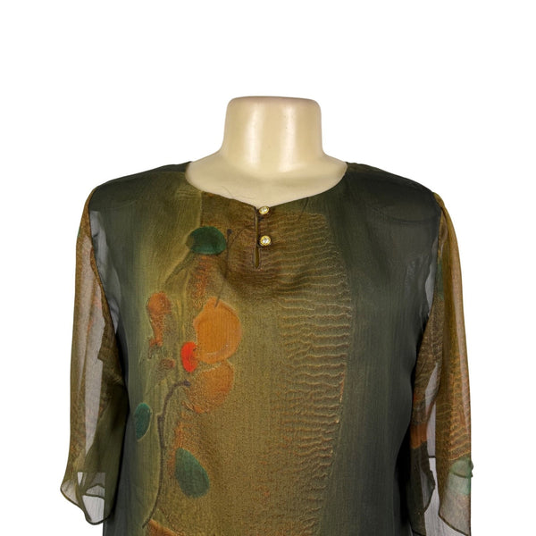 Suzanne Womens Green & Orange Chiffon Skirt & Sheer Jacket Set Floral Sz S