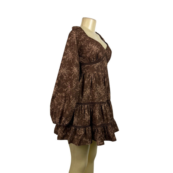 Altard State Womens Brown Cotton Floral Print Long Sleeve Tiered Mini Dress Sz M