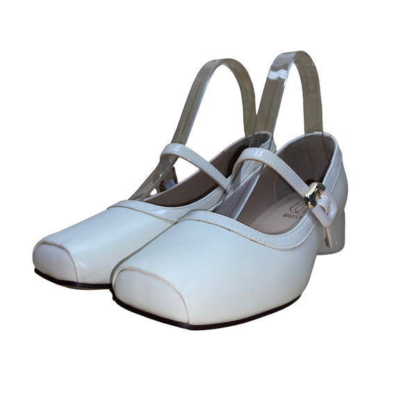 Dusto Women's Ivory White Faux Leather Mary Jane Block Heel Dress Shoes Size 7.5