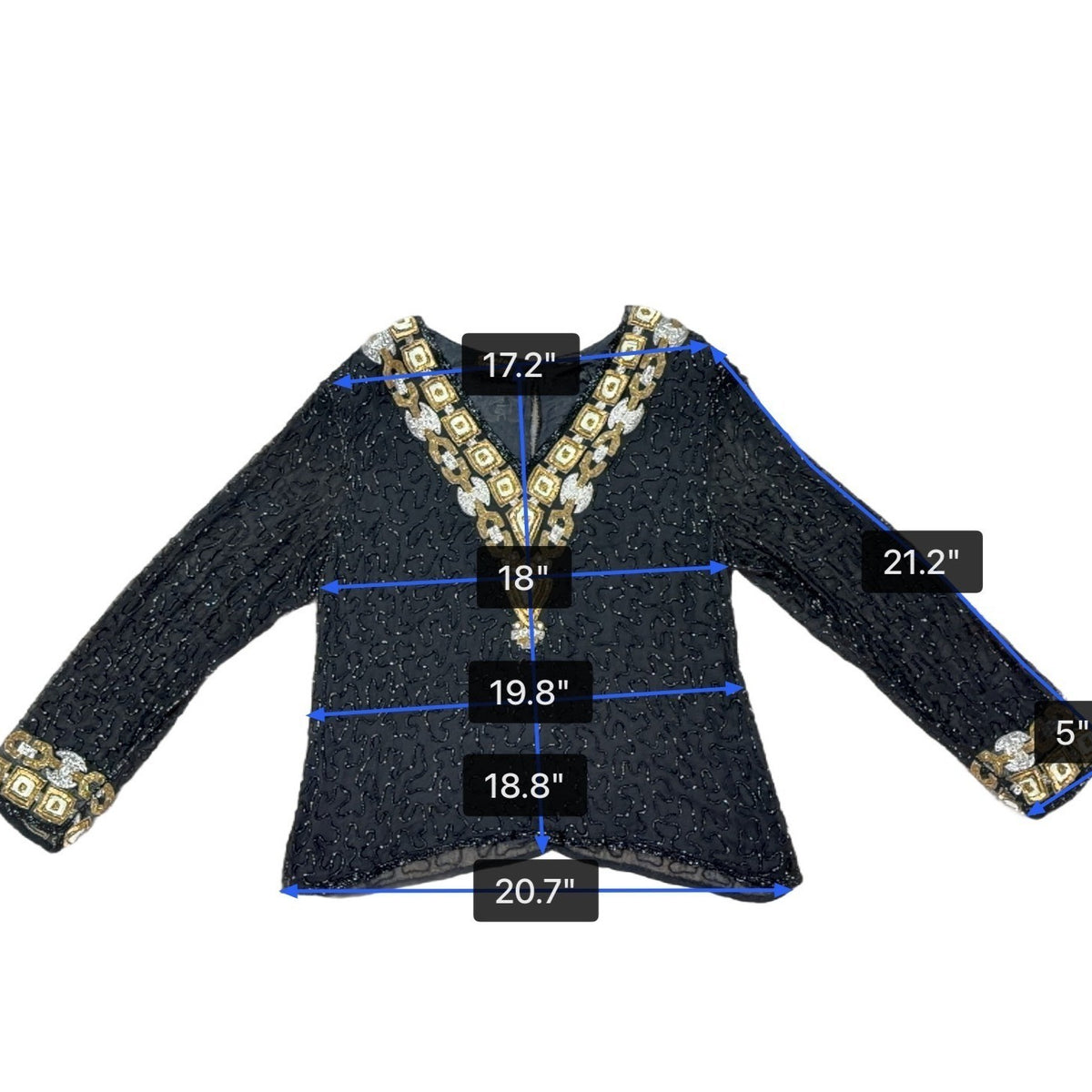 Chetan Creations Black Silk Hand Woven Sequined Beaded Top Gold V-Neck Sz M