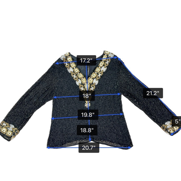 Chetan Creations Black Silk Hand Woven Sequined Beaded Top Gold V-Neck Sz M