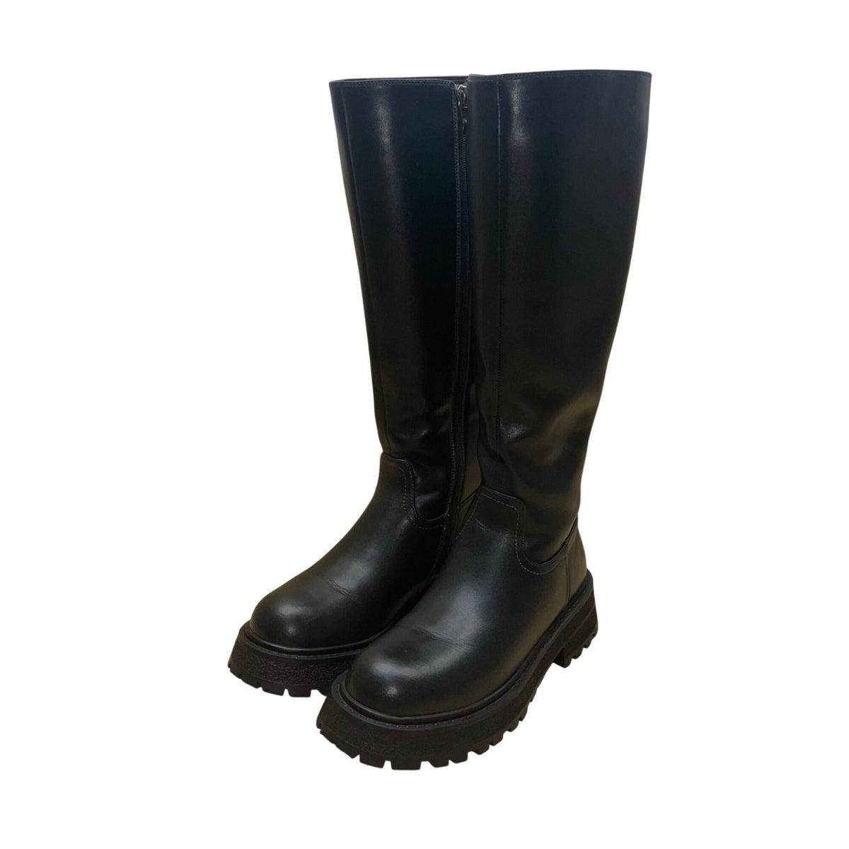 El Tempo Women’s Black Leather Zip Up Knee-High Chunky Sole Boots Size US8