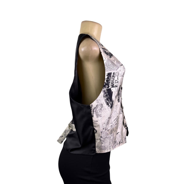 Gouda New York Womens Black & Ivory Newspaper Print Vest Stylish Button Up Sz L
