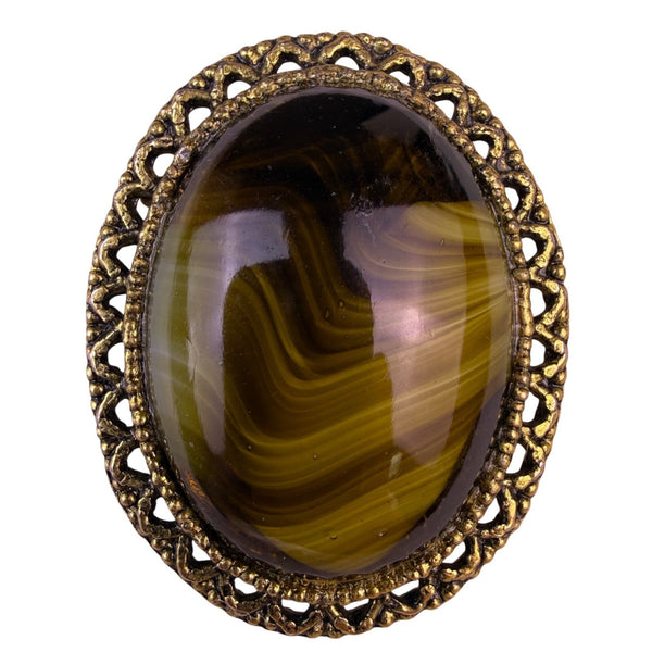 Germany Womens Olive Green Brown Slag Glass Brooch Filigree Frame
