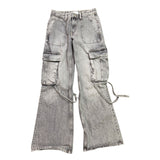 Zara Womens Gray Denim Wide-Leg Cargo Pants With Side Straps Size 2