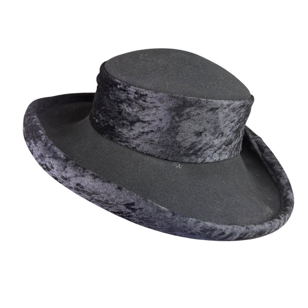 Importina Bollman Unisex Black Velvet-Finish Wool Vintage Style Wide Brim Hat
