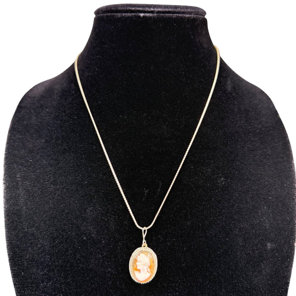 Sterling Silver 925 Vintage Cameo Necklace & Earrings Set Hand-Carved Antique