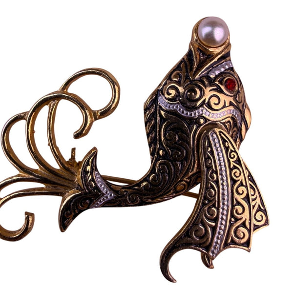 Vintage Damascene Gold Tone Womens Brooch Flying Fish Design Pearl & Red Accents