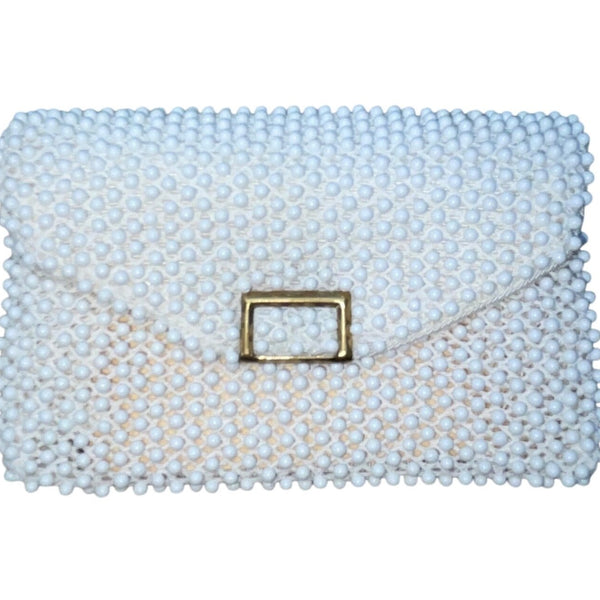 Petite-Bead Womens White Beaded Floral Vintage Scalloped Design Handbag
