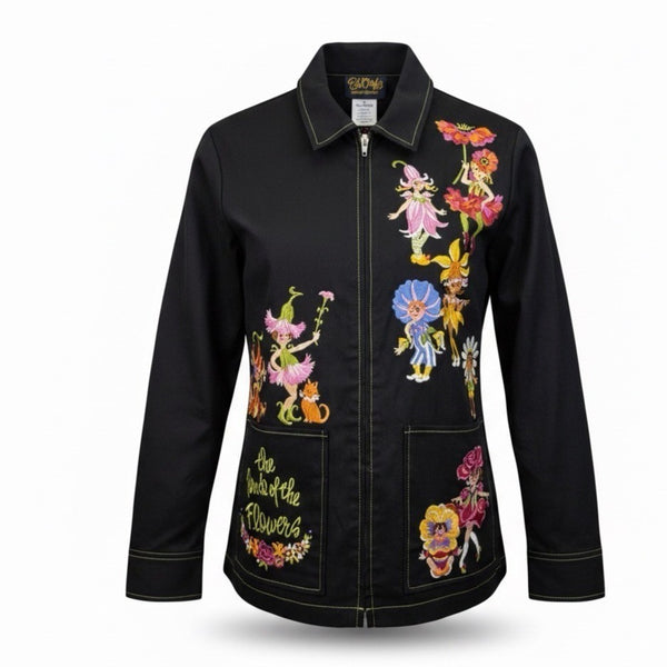 Bob Mackie Womens Black Floral Embroidered Jacket "Parade Of The Flowers"  Sz L