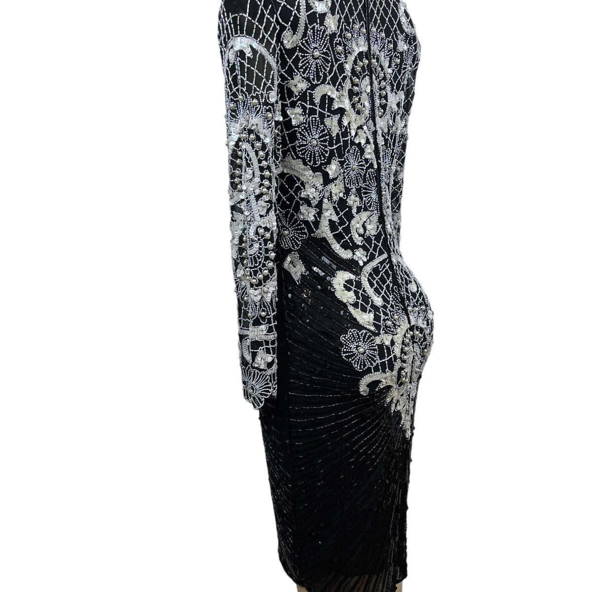 Vintage Sweet Lo Women’s Black and White Beaded Sequin Long Sleeve Dress M New