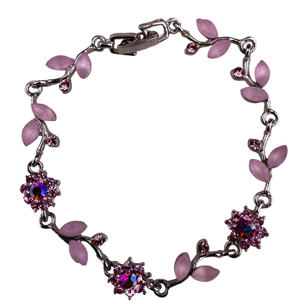Silver-Plated Women’s Purple Floral Leaf Bracelet Rhinestone Fashion Jewelry 