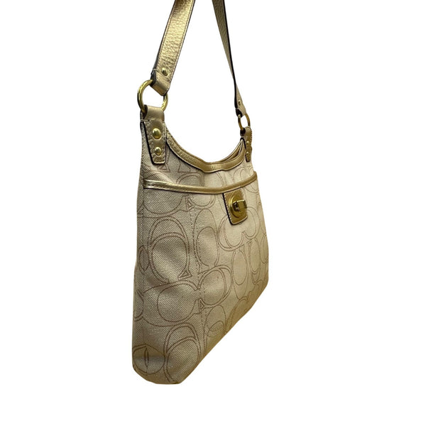 Coach Women’s Gold Signature Jacquard Leather Trim Adjustable Strap Shoulder Bag