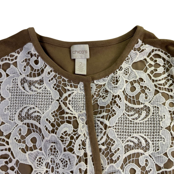 Chicos Womens Tan Lace Overlay Knit Jacket With Pockets & 3/4 Sleeves Size 2