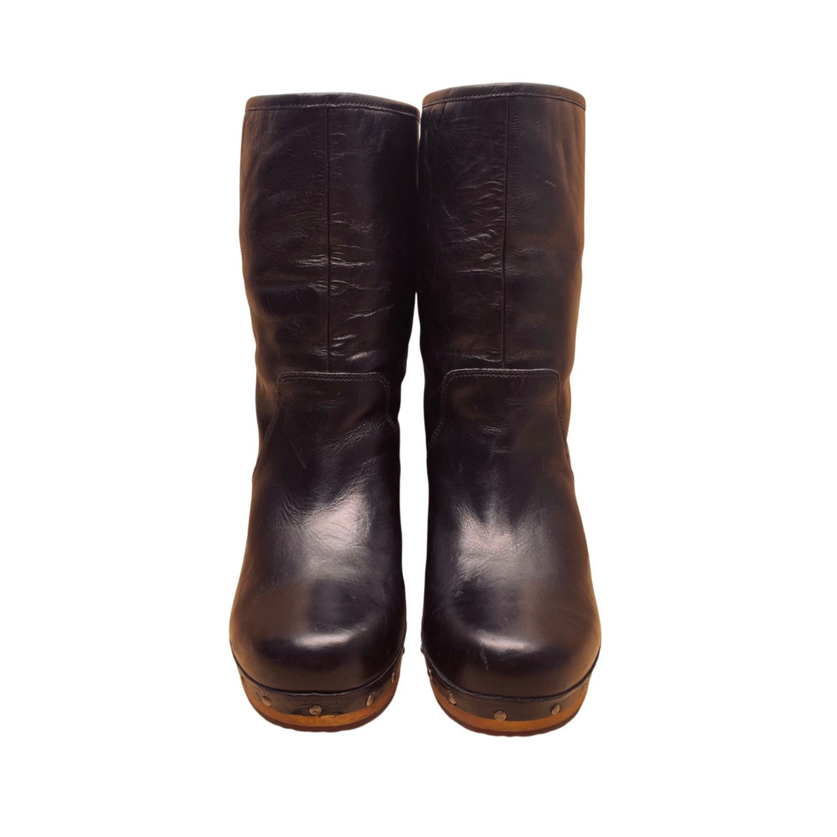 UGG Women’s Black Leather Sheepskin Lined Wooden-Heeled Mid-Calf Boots Size 7