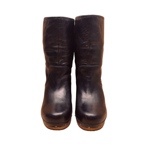 UGG Women’s Black Leather Sheepskin Lined Wooden-Heeled Mid-Calf Boots Size 7