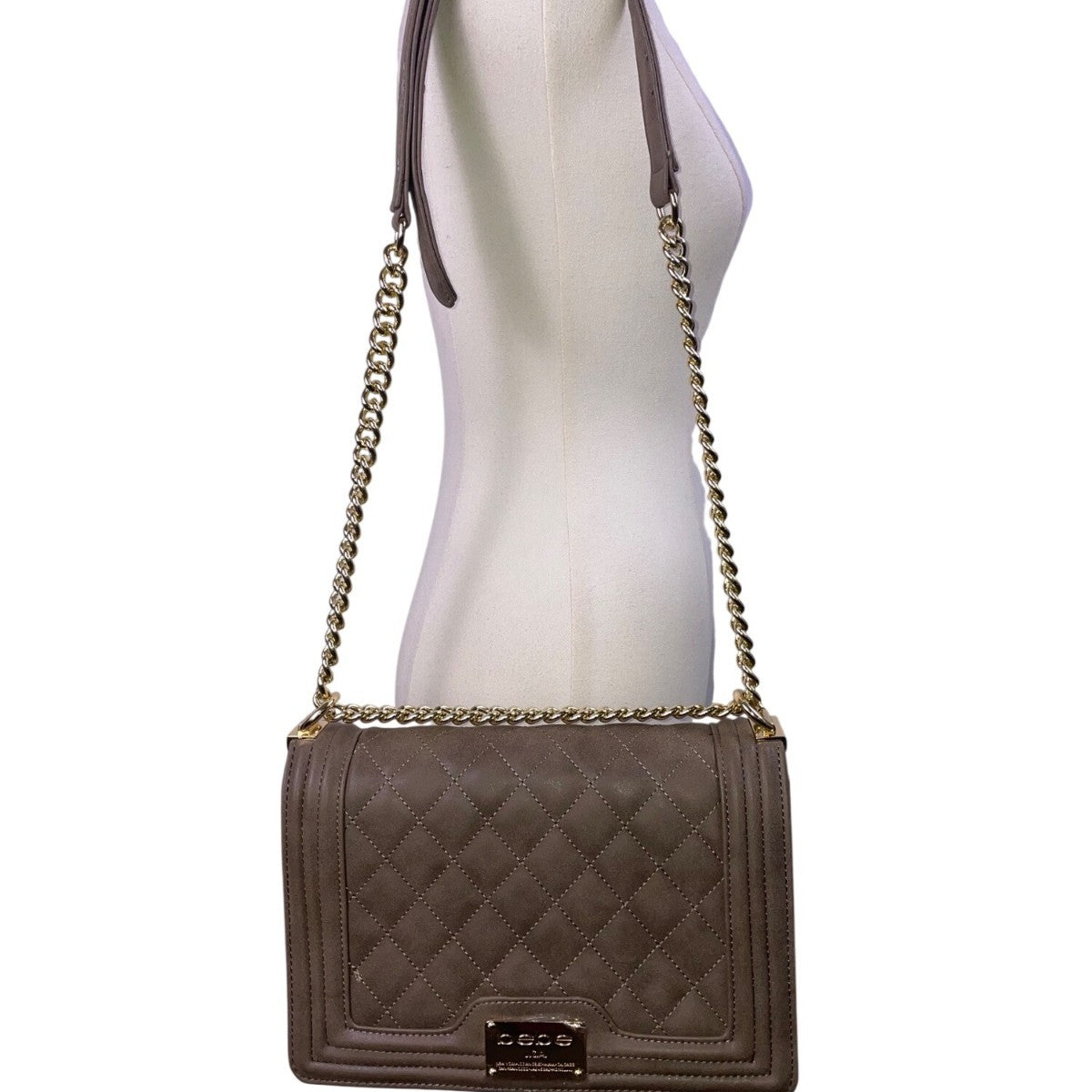 Bebe Women’s Gray Faux Leather Quilted With Gold Chain Strap Shoulder Bag