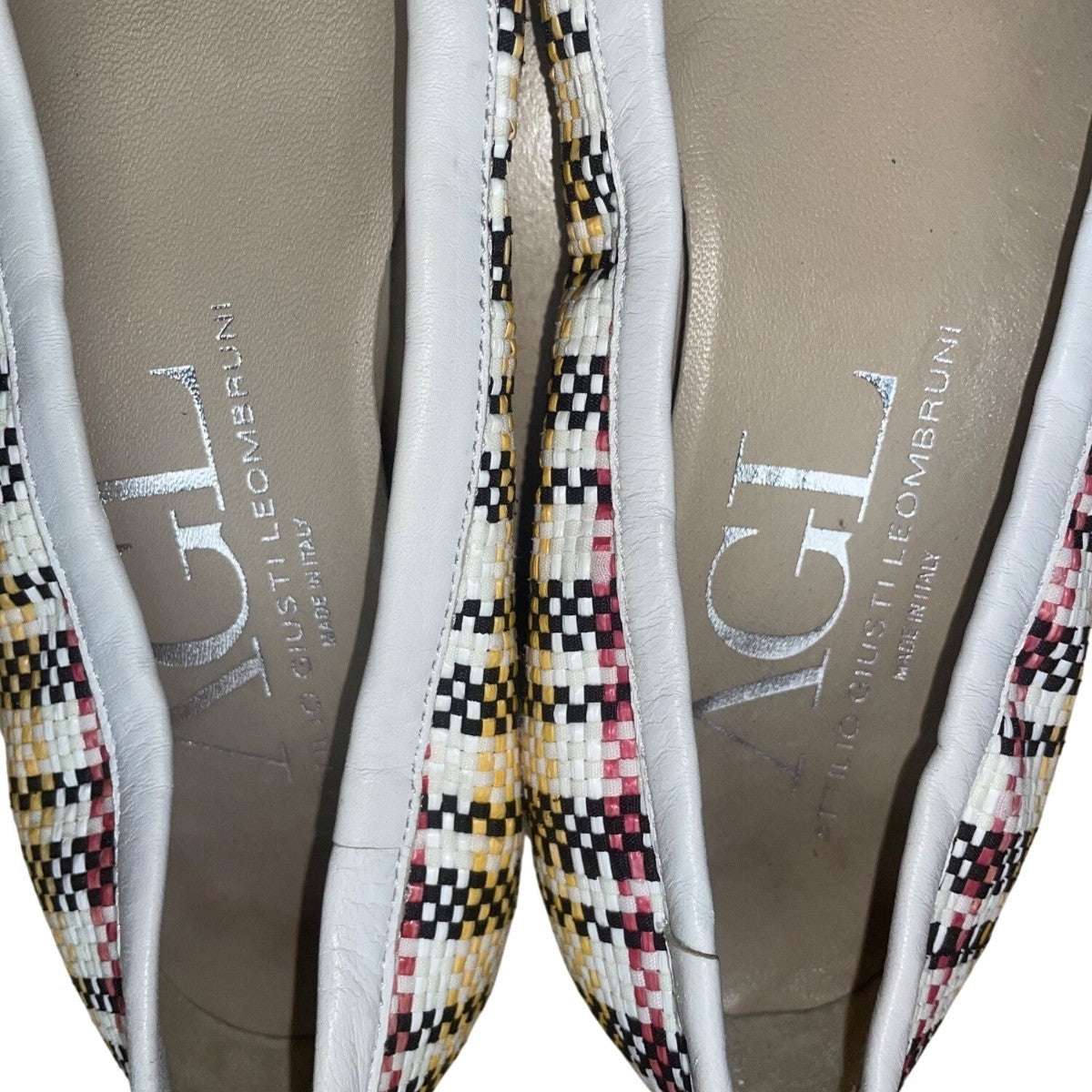 AGL Women’s White Multicolor Patterned Woven Leather Cap Toe Buckle Flats Sz 9US