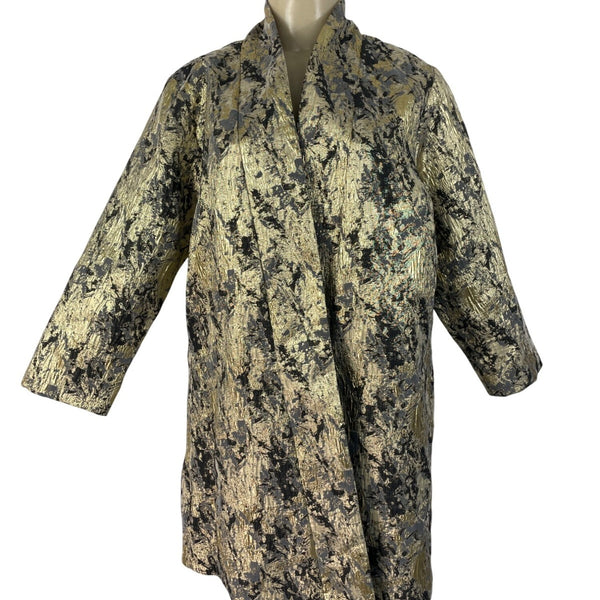 Natori Women's Gold & Black Metallic Brocade Open Front Long Sleeve Coat Sz M
