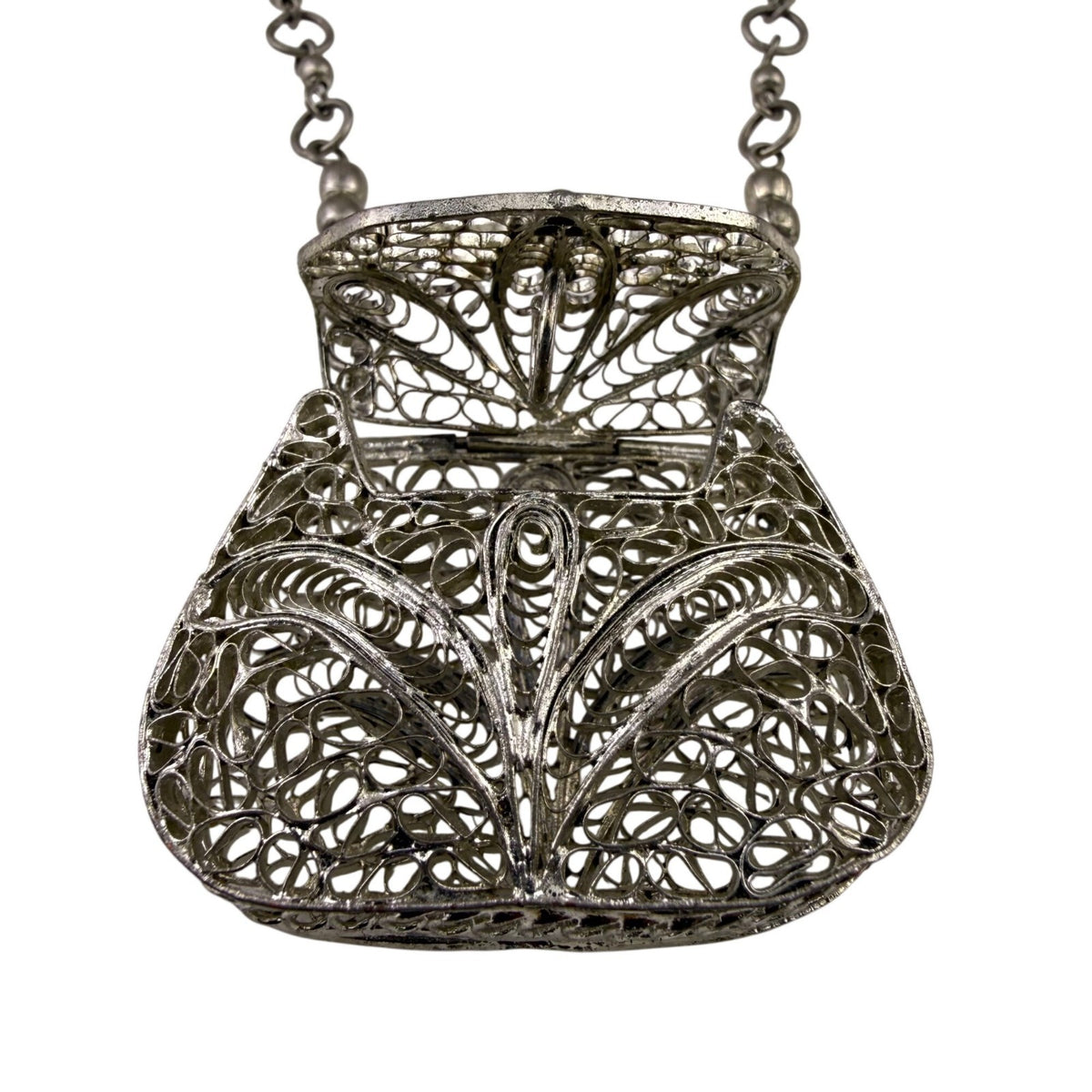 Vintage Silver Tone Metal Pendant Necklace With Ornate Filigree Purse Design