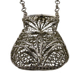 Vintage Silver Tone Metal Pendant Necklace With Ornate Filigree Purse Design
