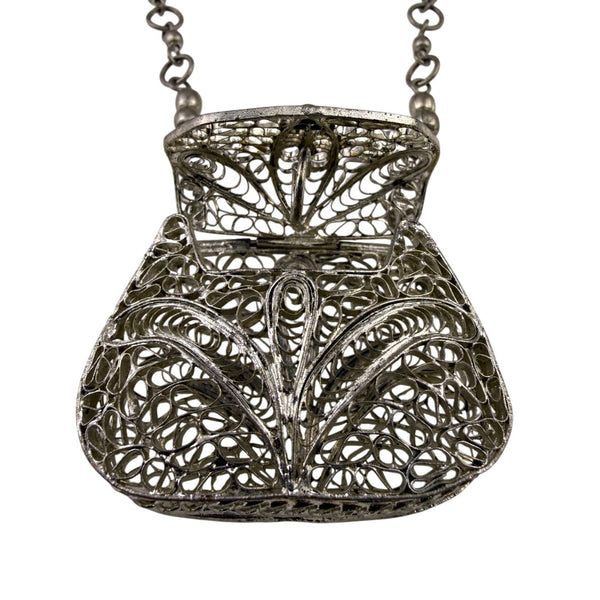 Vintage Silver Tone Metal Pendant Necklace With Ornate Filigree Purse Design