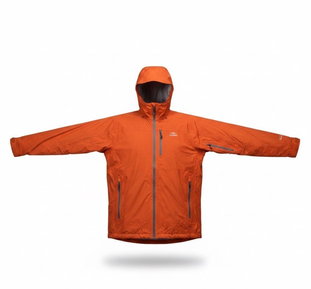 L.L. Bean Mens Orange Hooded Rain Jacket Fully Zippered Waterproof Design Sz XL