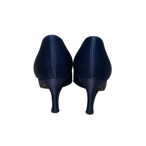 Stuart Weitzman Women’s Black Satin With Pleated Bow Peep Toe Heels Size 7M