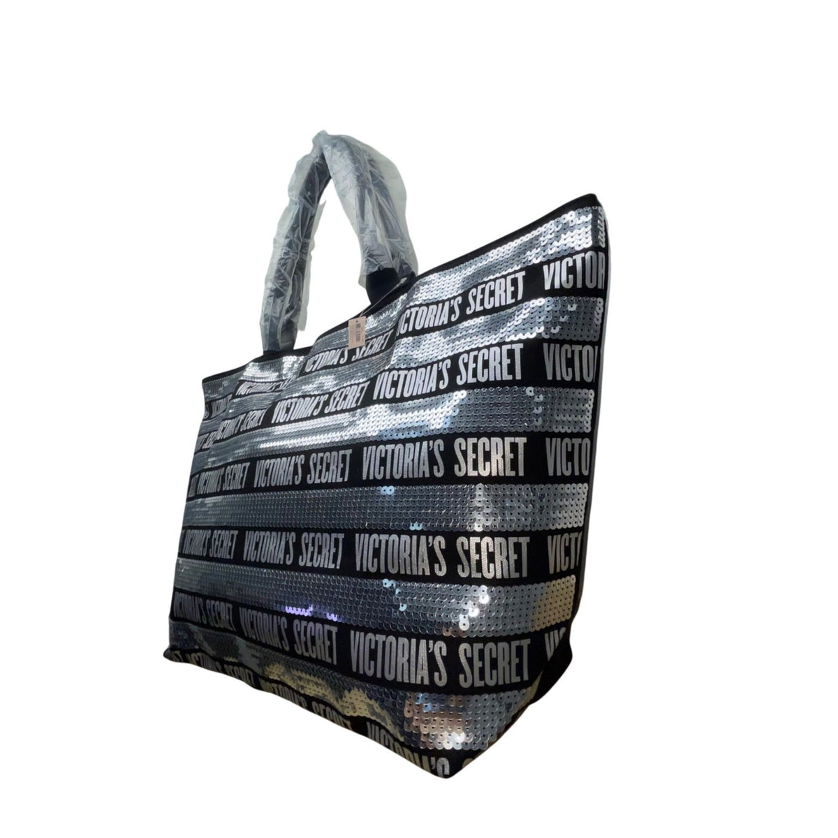 Victorias Secret Women’s Black Whit Silver Sequin Logo Tote Bag & Pouch Set