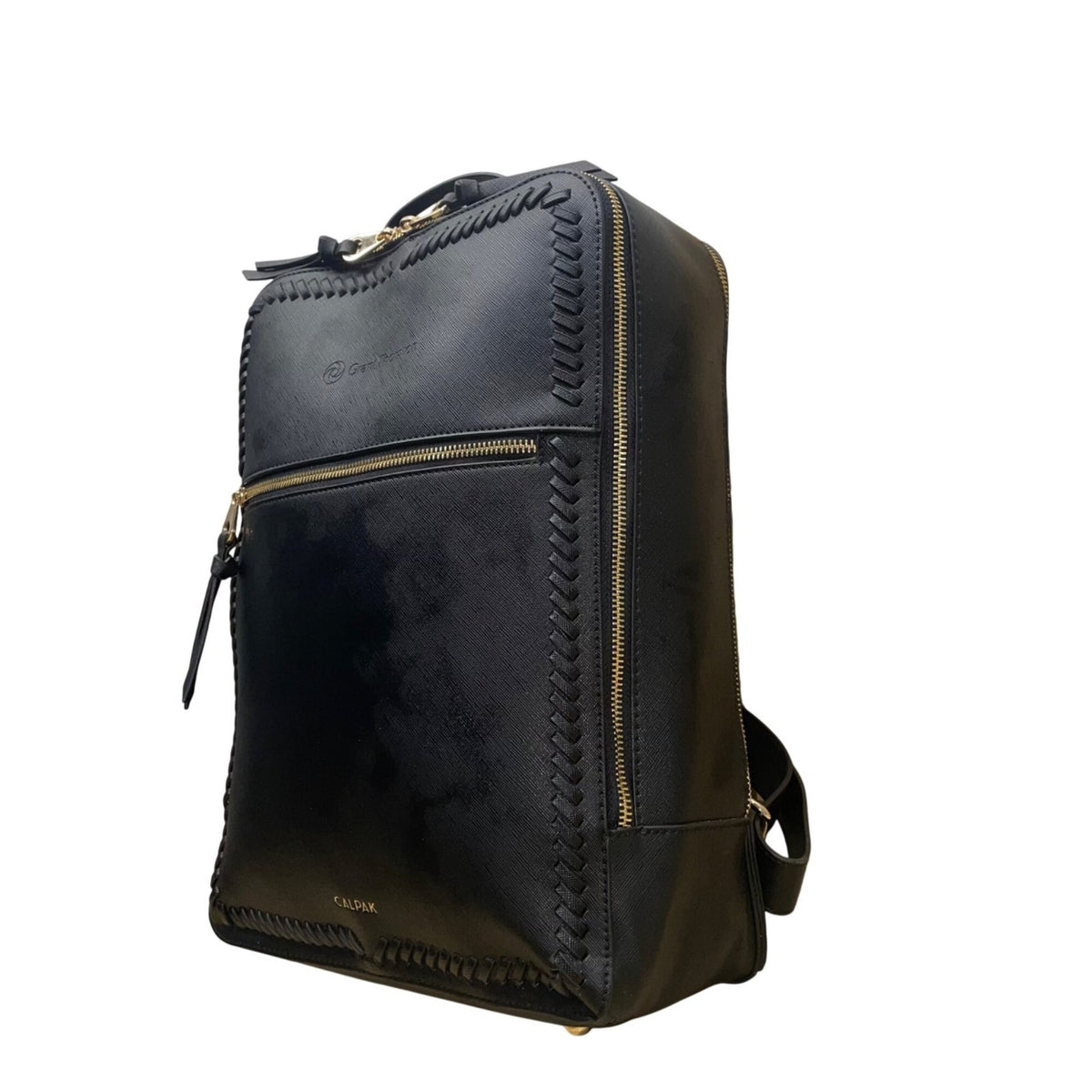 Calpak Unisex Black Leather With Gold Zipper Accents Whipstitch Laptop Backpack
