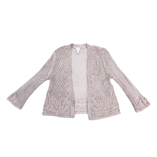 Chicos Womens Beige Cotton Open Knit Lightweight Cardigan Sweater Size 1