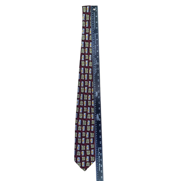 Robert Talbott Mens Burgundy Silk Floral & Geometric Print Tie Hand-Sewn USA