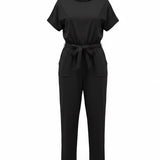 Piper & Scoot Womens Black Belted Short-Sleeve Jumpsuit Size L