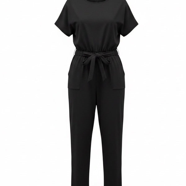 Piper & Scoot Womens Black Belted Short-Sleeve Jumpsuit Size L