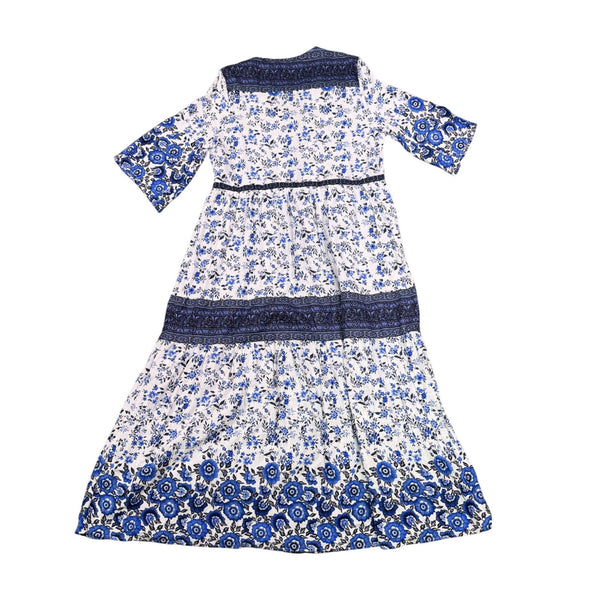 R. Vivimos Womens Blue & White Floral Maxi Dress Cotton Button Down Size XL