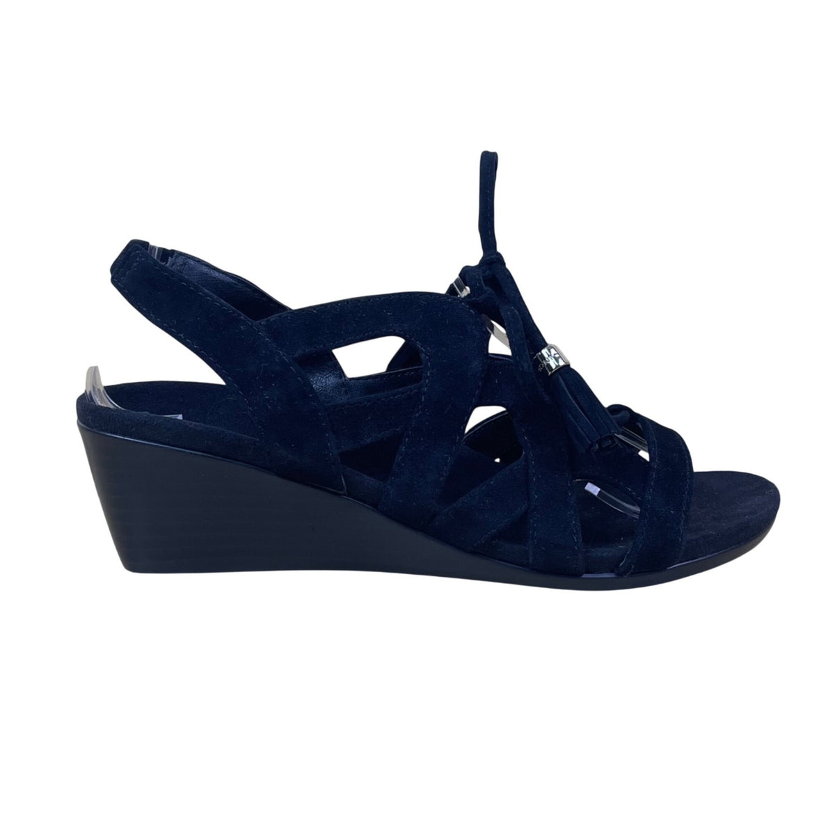 Women’s Black Suede Tassel Strappy Design Kalie Wedge Sandals Size 5