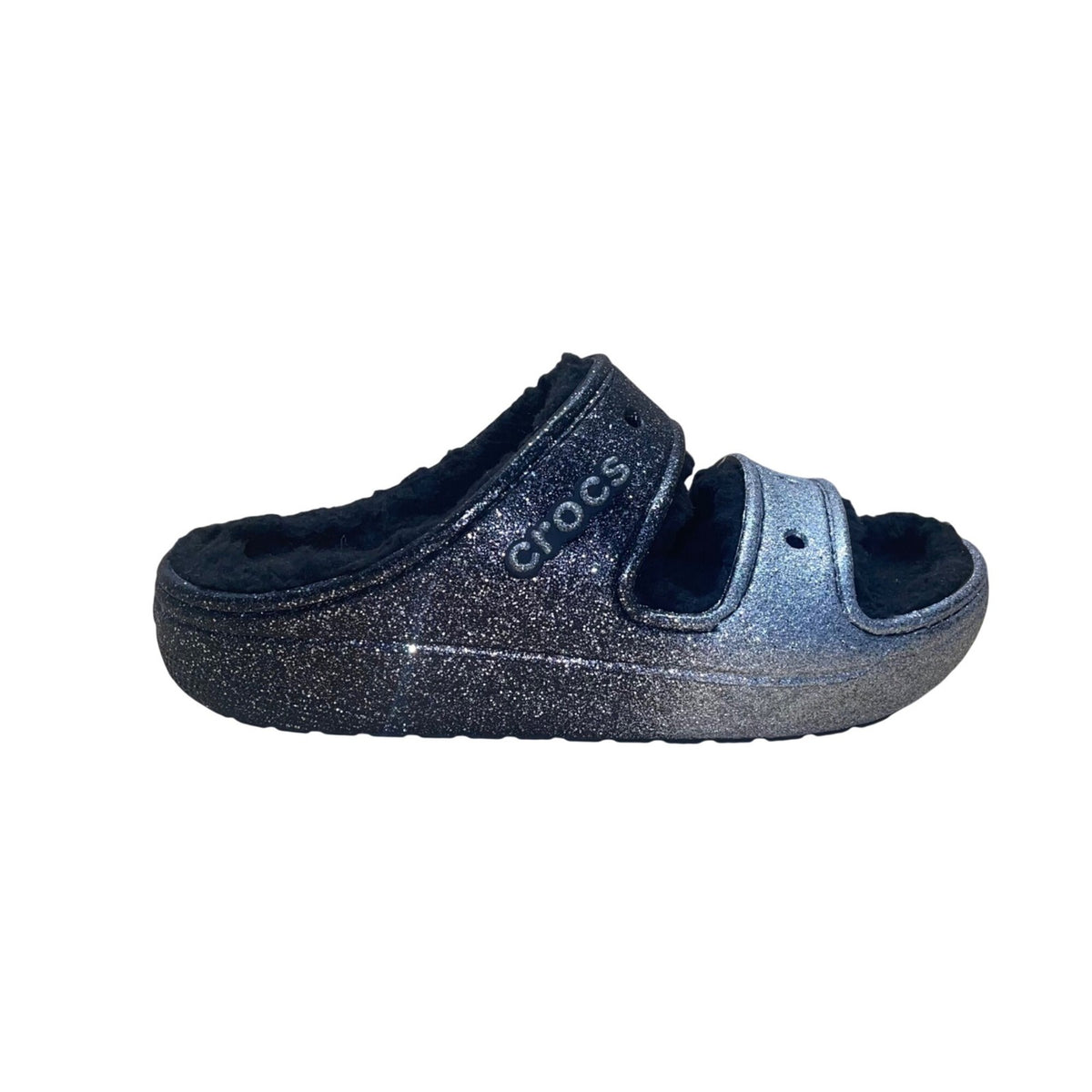 Crocs Women’s Black Glitter Faux Fur Lined Slide Sandals Size M4/W6