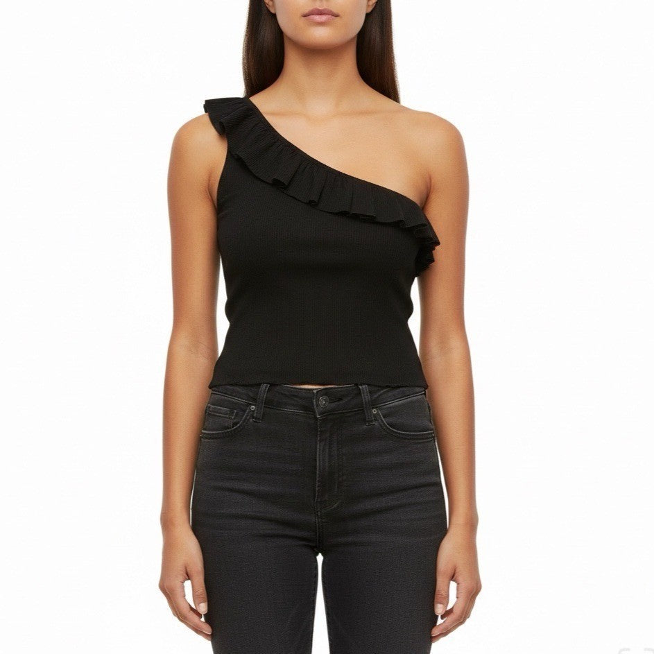 Jun & Ivy Womens Black Rayon One-Shoulder Top Ruffle Detail Sz S - NWT