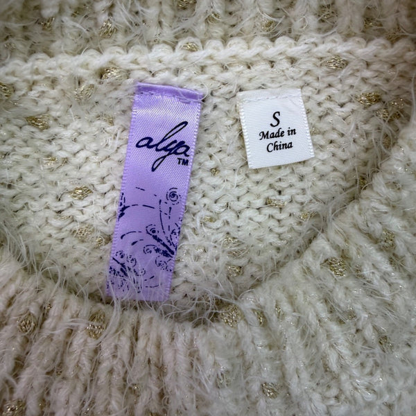 Alia Womens White Sweater With Metallic Gold Thread Pullover Style Sz S