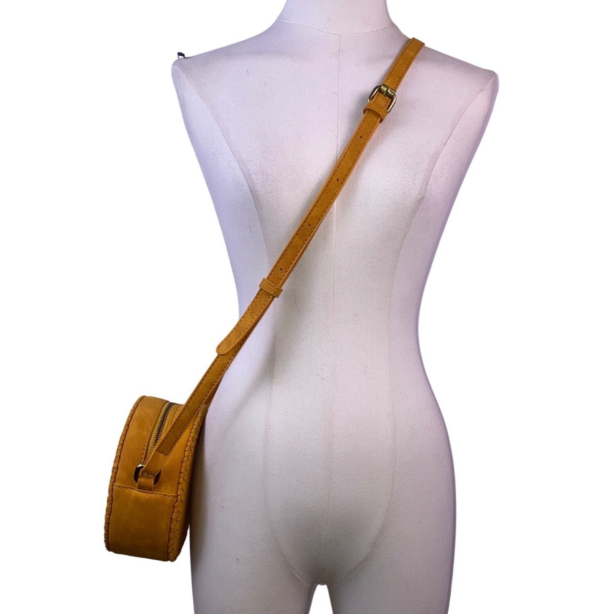 Women’s Mustard Vegan Leather Laser-Cut Adjustable Strap Round Crossbody Bag