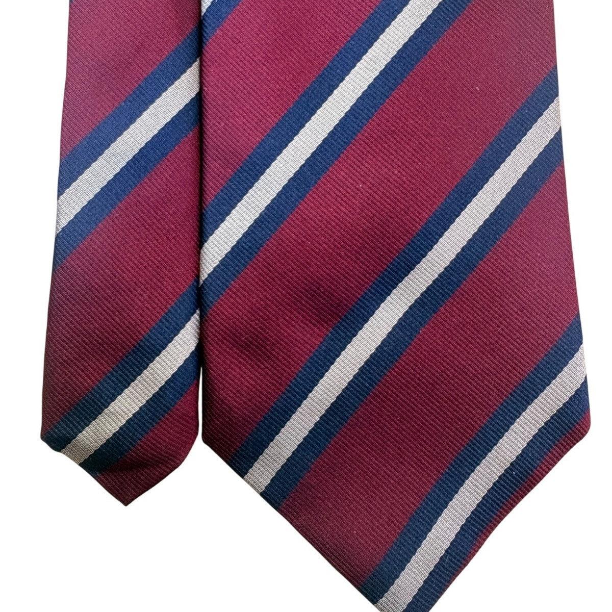 Lands End Mens Burgundy Navy & White 100% Silk Striped Tie Handsewn Classic
