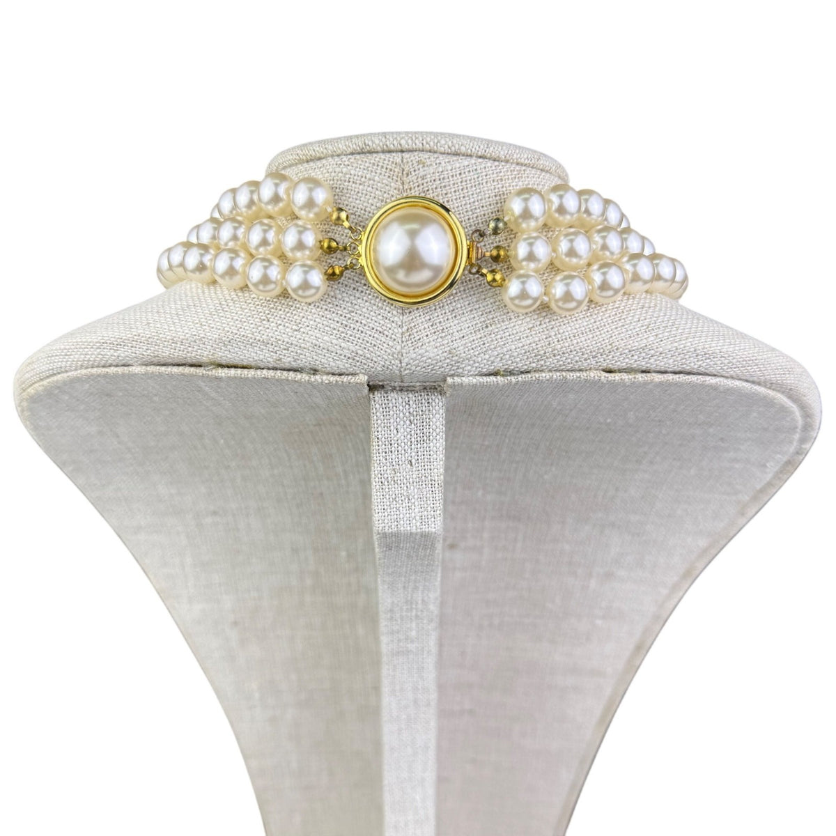 Vintage Womens Gold Tone Faux Pearl Necklace 3-Strand Choker Elegant Jewelry