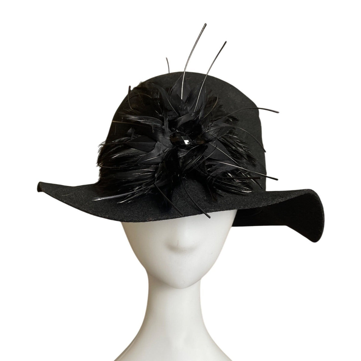 Nordstrom  Black Wool With Feather & Sequin Detail Womens Cloche Hat