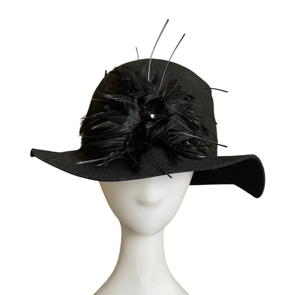 Nordstrom  Black Wool With Feather & Sequin Detail Womens Cloche Hat