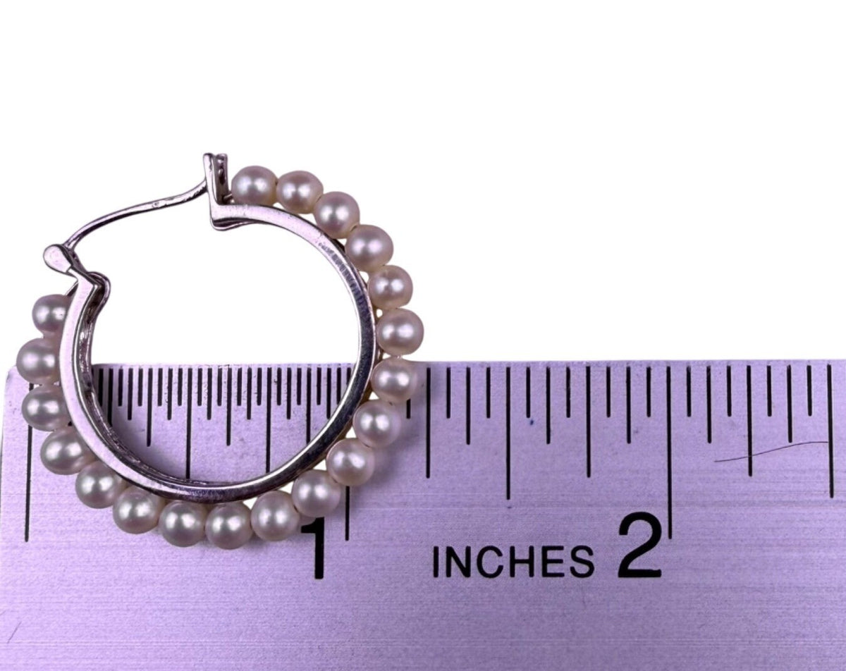 Sterling 925 Women Silver Tone Hoop Earrings Pearls Handmade Vintage