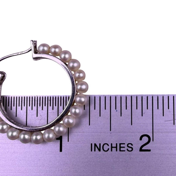 Sterling 925 Women Silver Tone Hoop Earrings Pearls Handmade Vintage