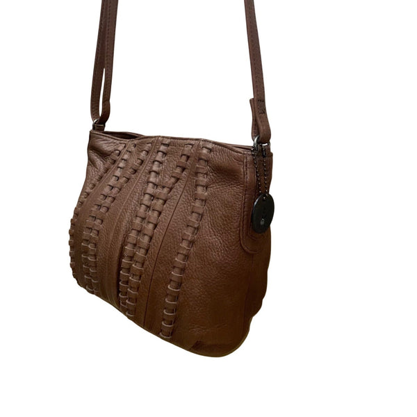 Day & Mood Women’s Brown Leather Woven Zip Closure Adjustable Crossbody Bag